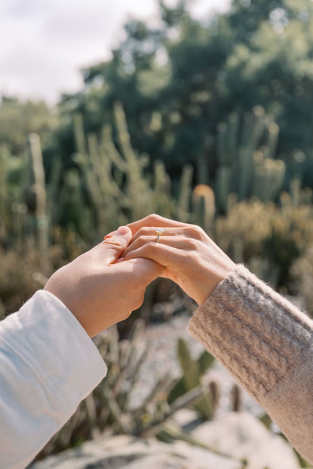 Close-up of hands reaching toward each other against a blurred natural background.