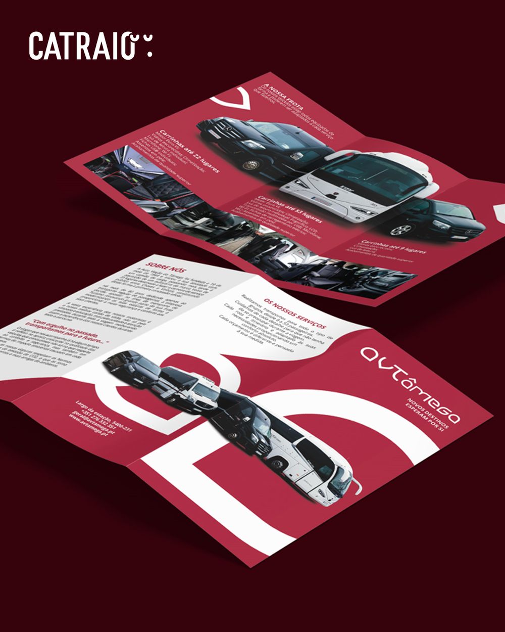 Red and white marketing brochure mockup showing vehicle designs.