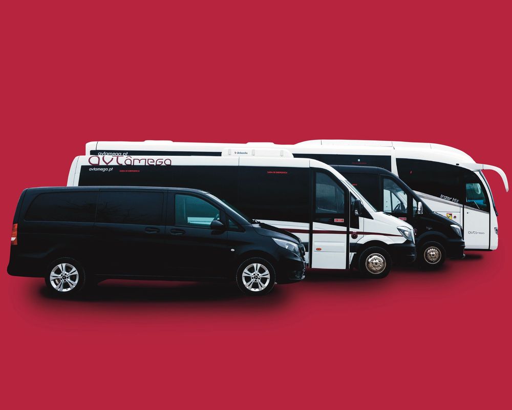 Luxury limousines and buses lined up against a red background.