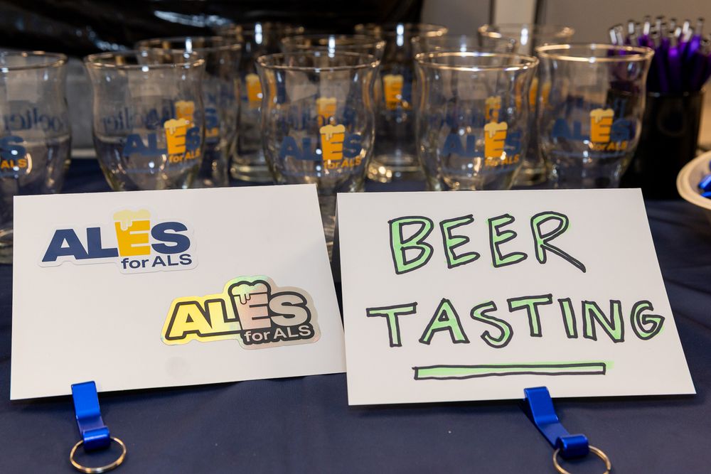 A row of beer tasting signs and displays lined up on a dark counter or shelf.