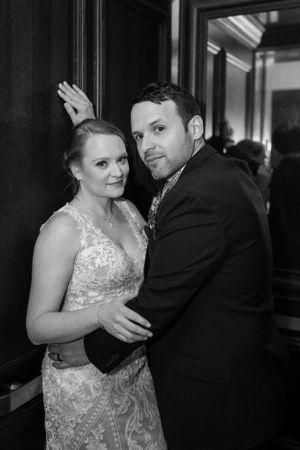 Black and white photos show newlyweds sharing intimate dancing moments.