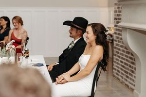 A series of candid moments at a wedding celebration showing guests interacting in a rustic brick-walled venue.
