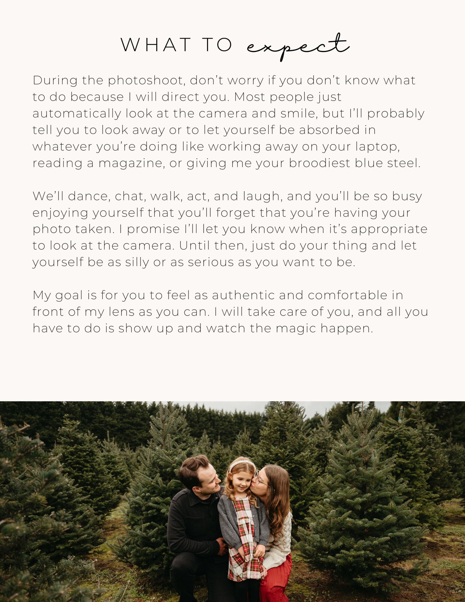 Guide explaining what to expect during an outdoor photography session among evergreen trees.