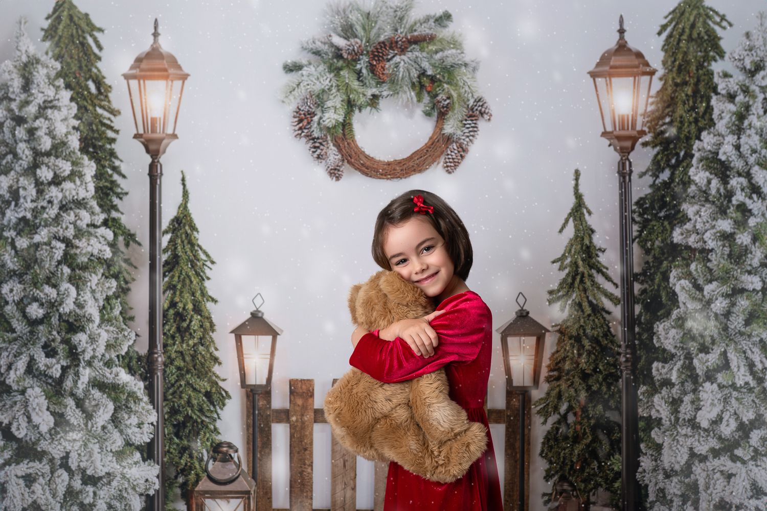 A cozy winter scene with lamp posts, evergreen trees, and festive holiday decorations in a snowy setting.