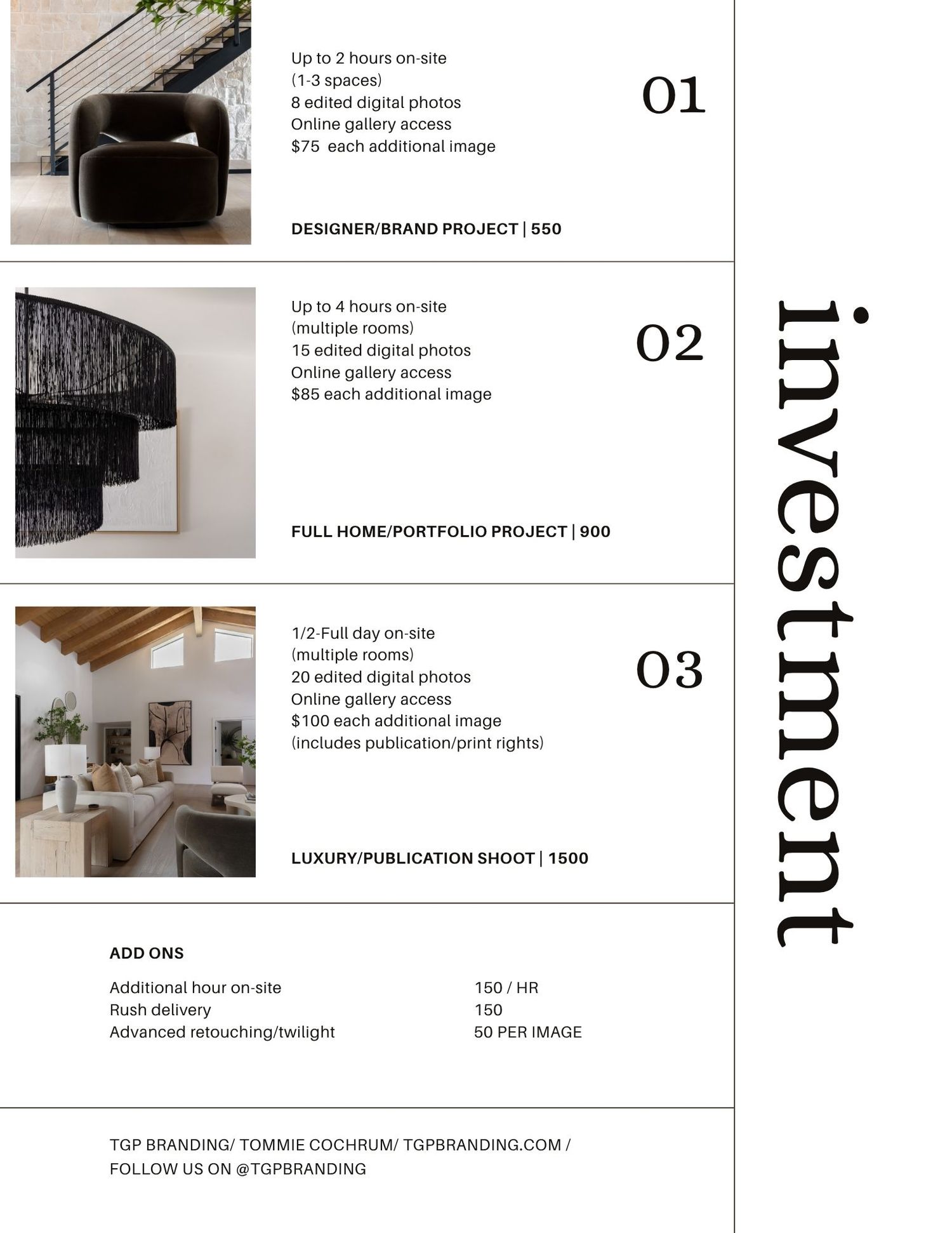 Minimalist black and white website design mockup showing pricing tiers and layout sections.