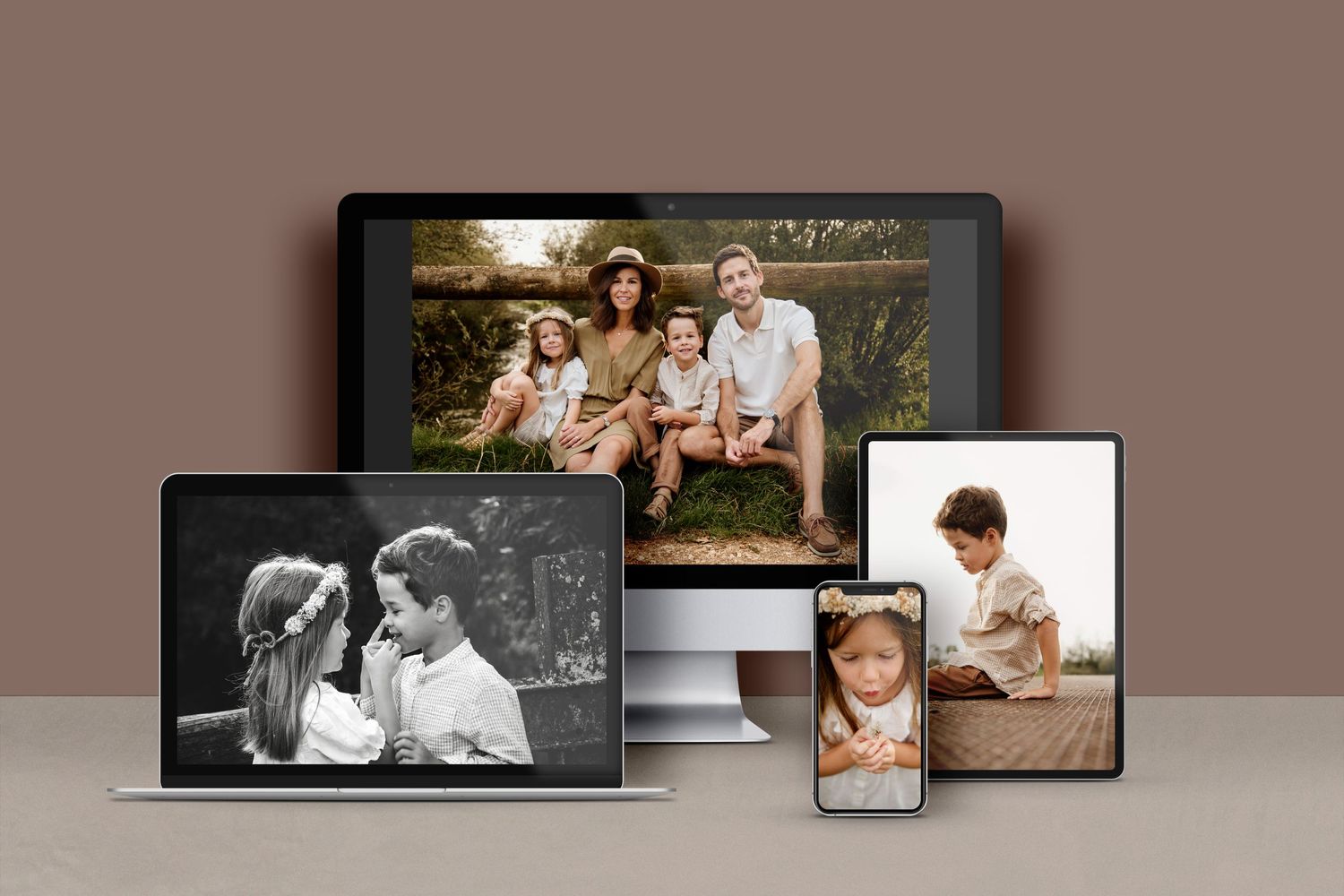 Family portrait photography displayed on desktop, laptop, phone, and tablet devices.