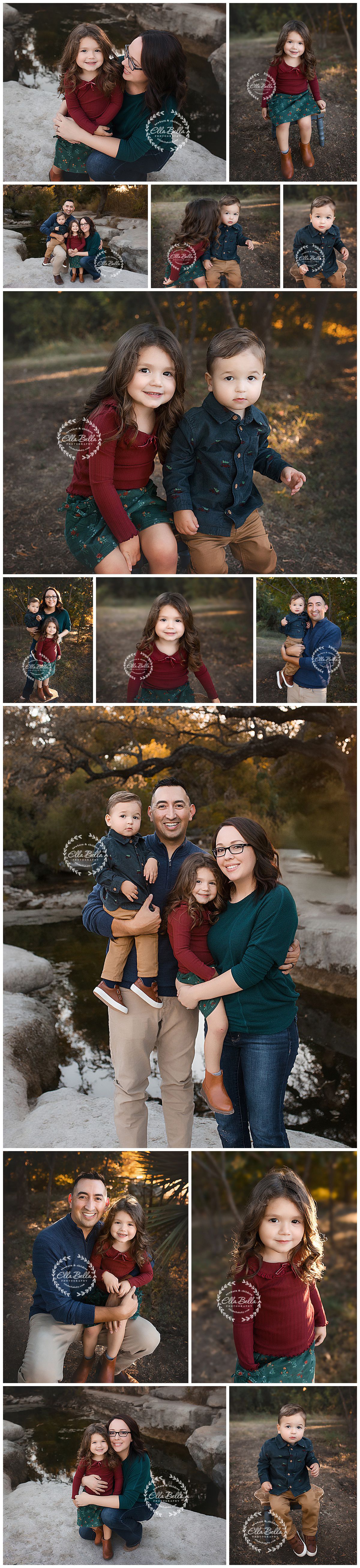Family photo collage featuring coordinated burgundy and navy outfits in outdoor autumn setting with natural backdrops.