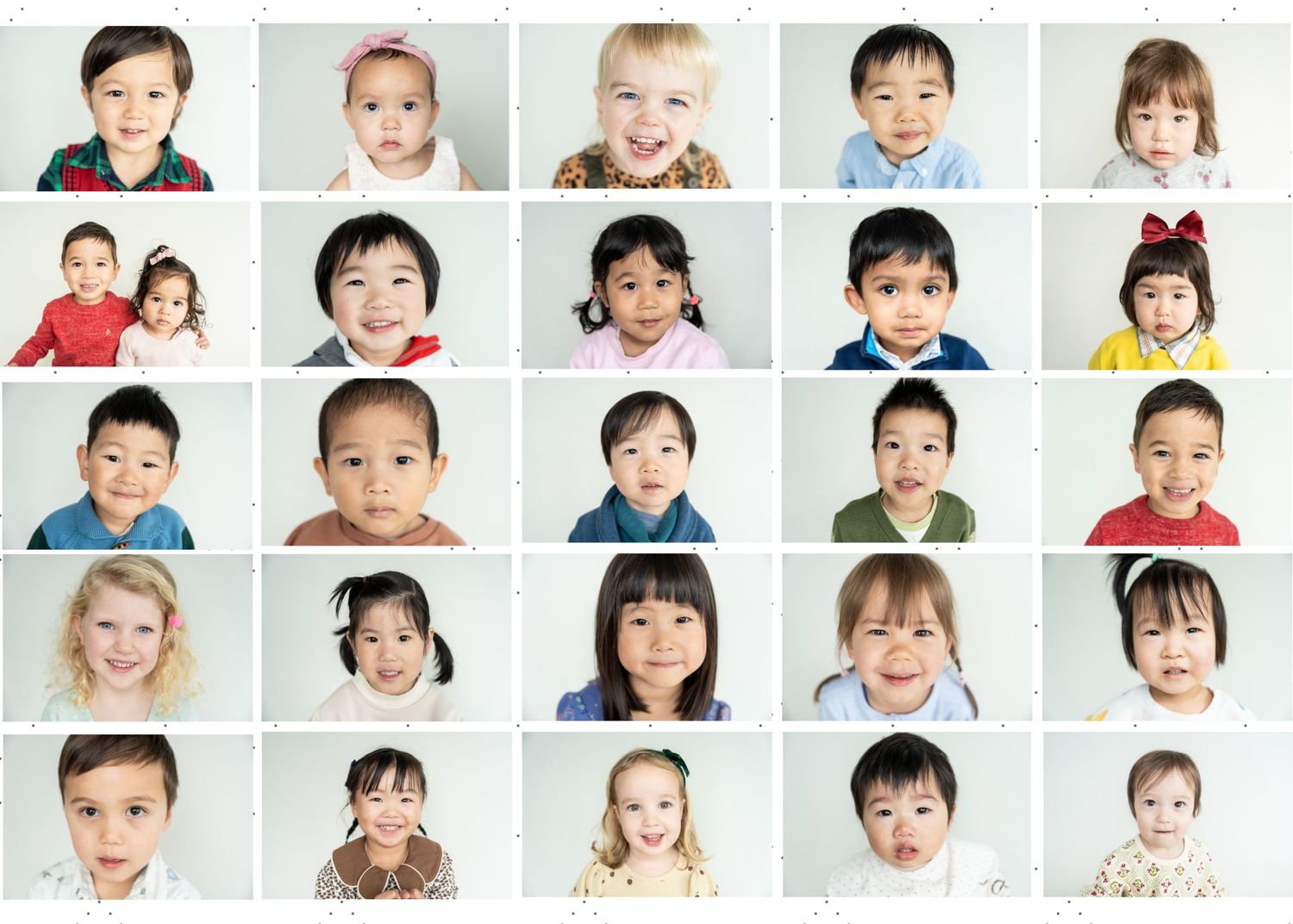 A photo collage grid showing multiple candid portraits of children in casual settings with various expressions and poses.