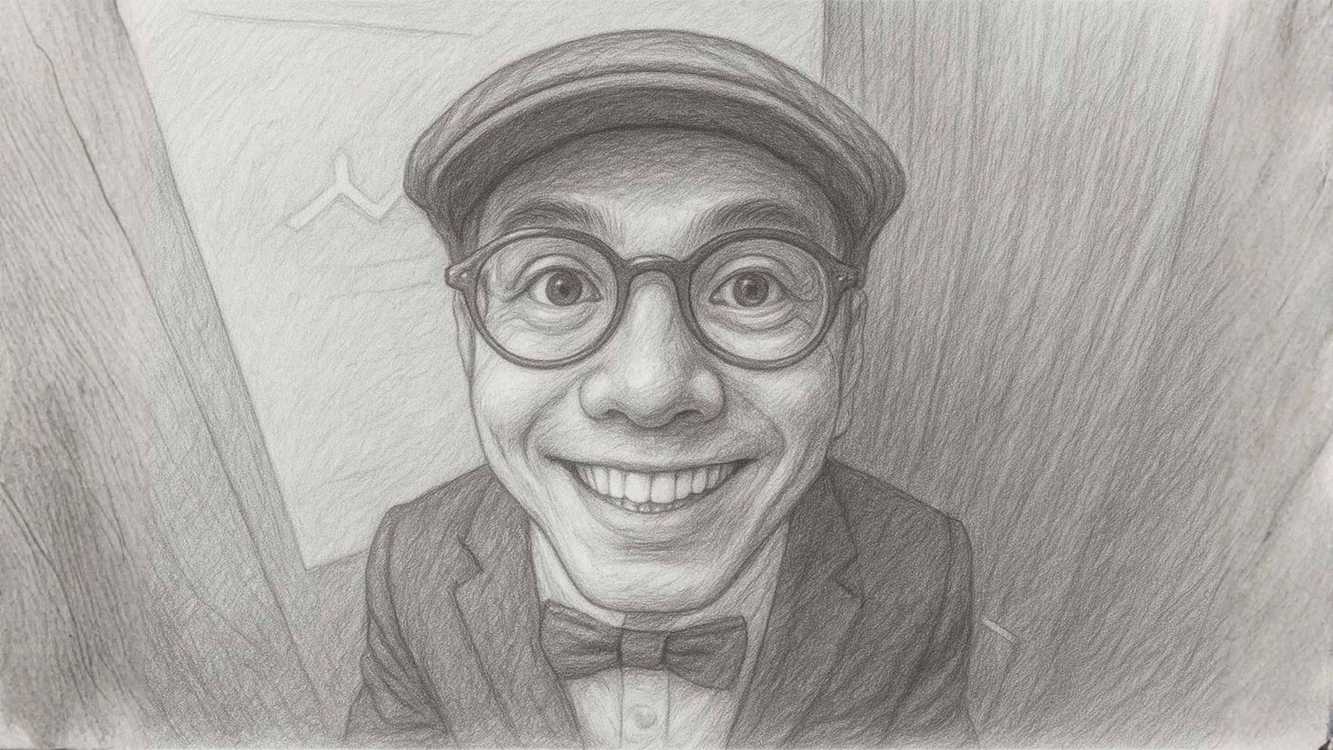 Six pencil sketch portraits arranged in a row show people with various expressions and poses wearing glasses and hats.