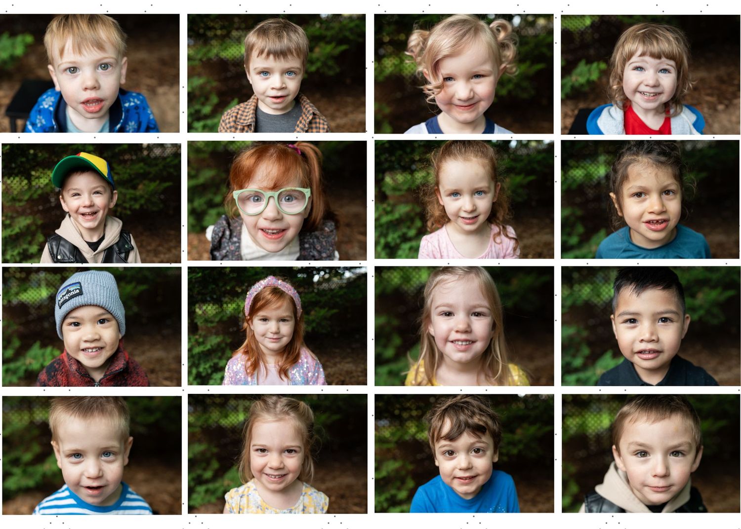A photo collage grid showing multiple candid portraits of children in casual settings with various expressions and poses.