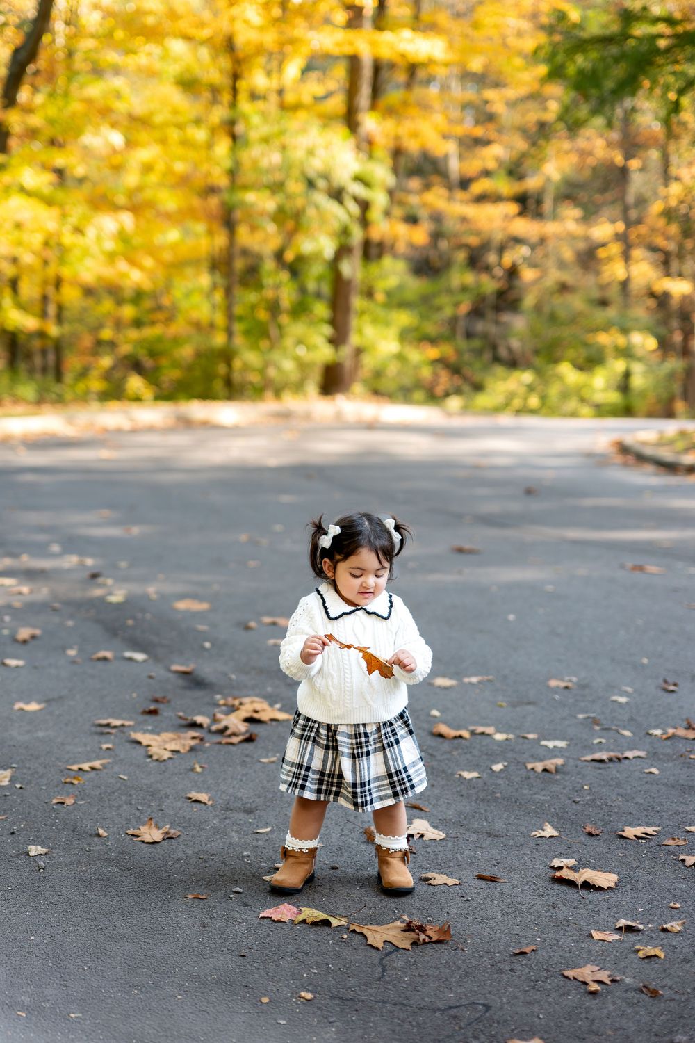 Adorable toddler girl in white sweater and plaid skirt playing with fallen leaf on autumn road.
