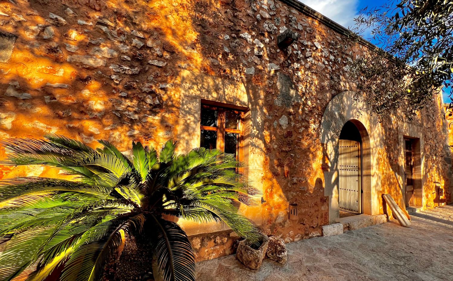 Ancient stone monastery walls and arches illuminated by warm sunset light with palm trees in a Mediterranean setting.