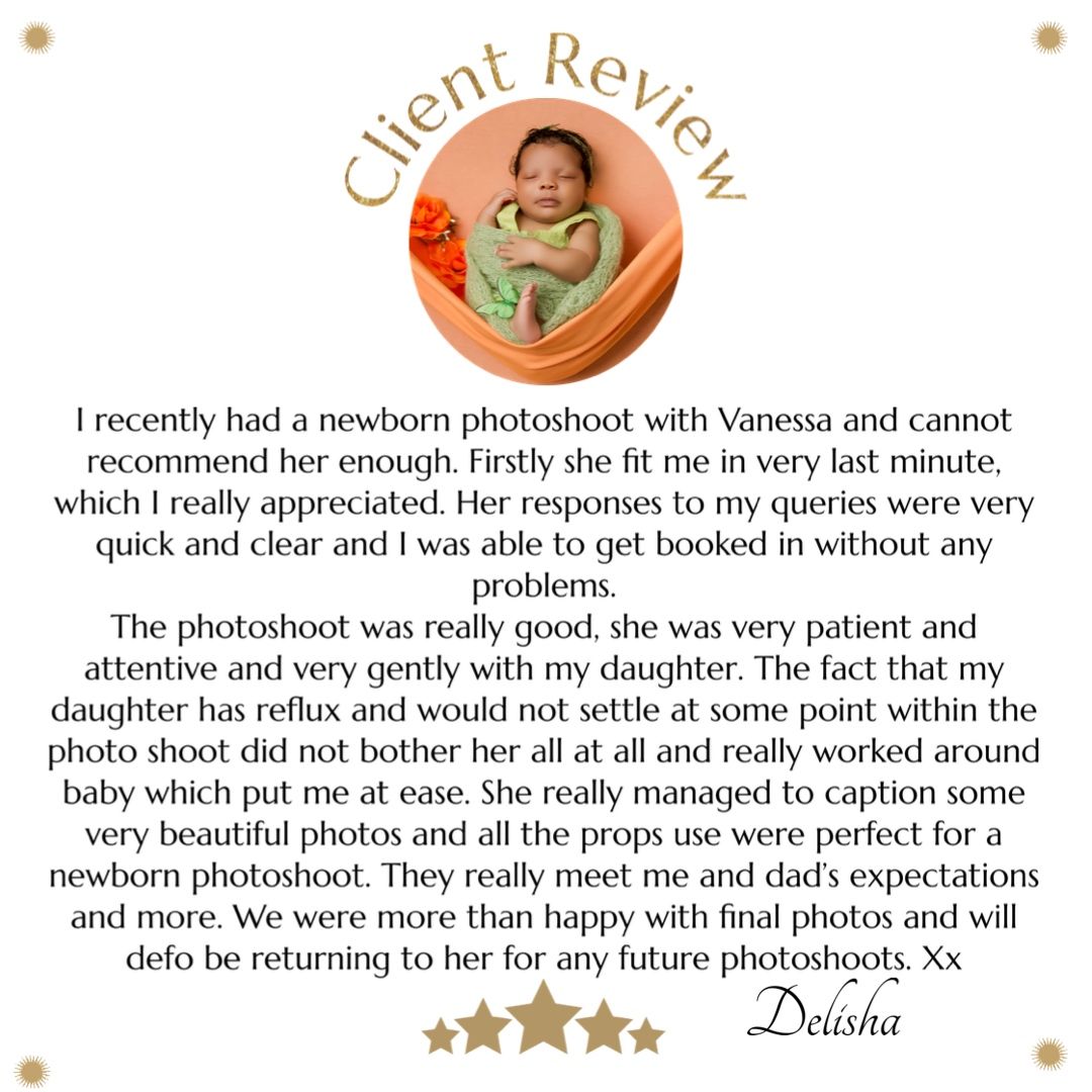 A peach-colored circular client review badge shows a glowing testimonial for a newborn photography service.
