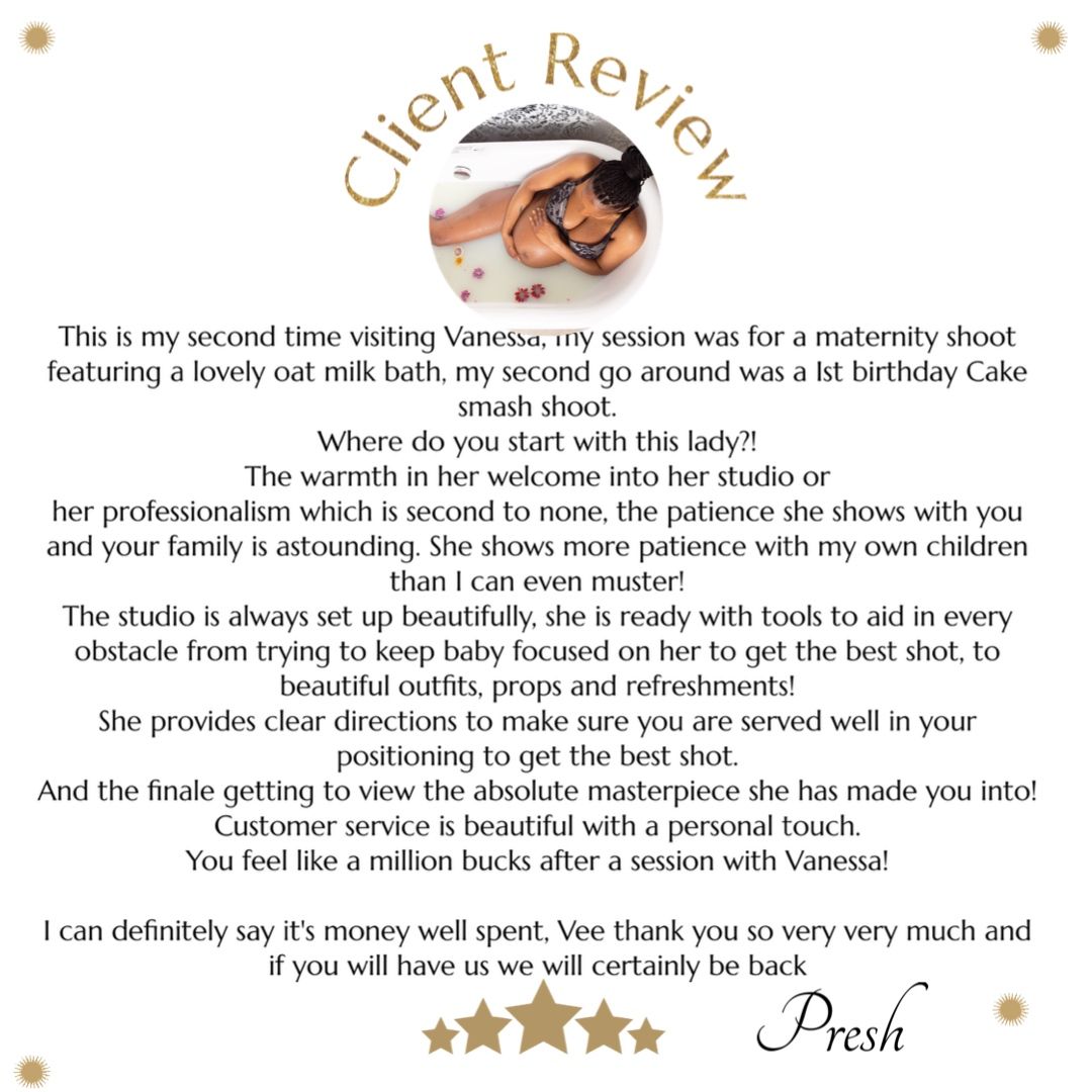 A glowing client review praising photography services for a maternity shoot with details about warmth and professionalism.