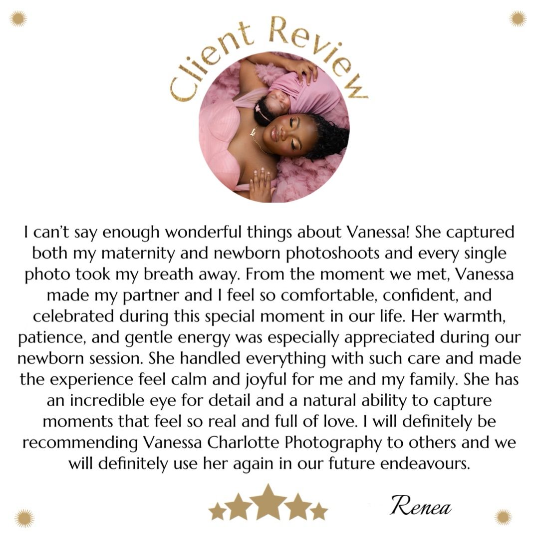 A professional review testimonial with five stars shows glowing feedback for a photographer's newborn photoshoot Birmingham studio
