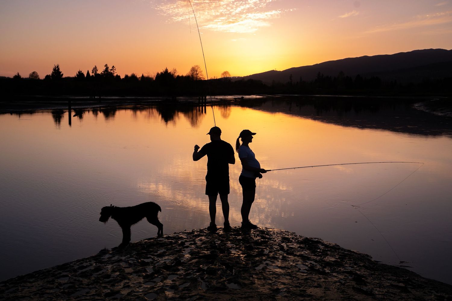 Two silhouettes fishing by a lake at sunset with their dog standing nearby.
