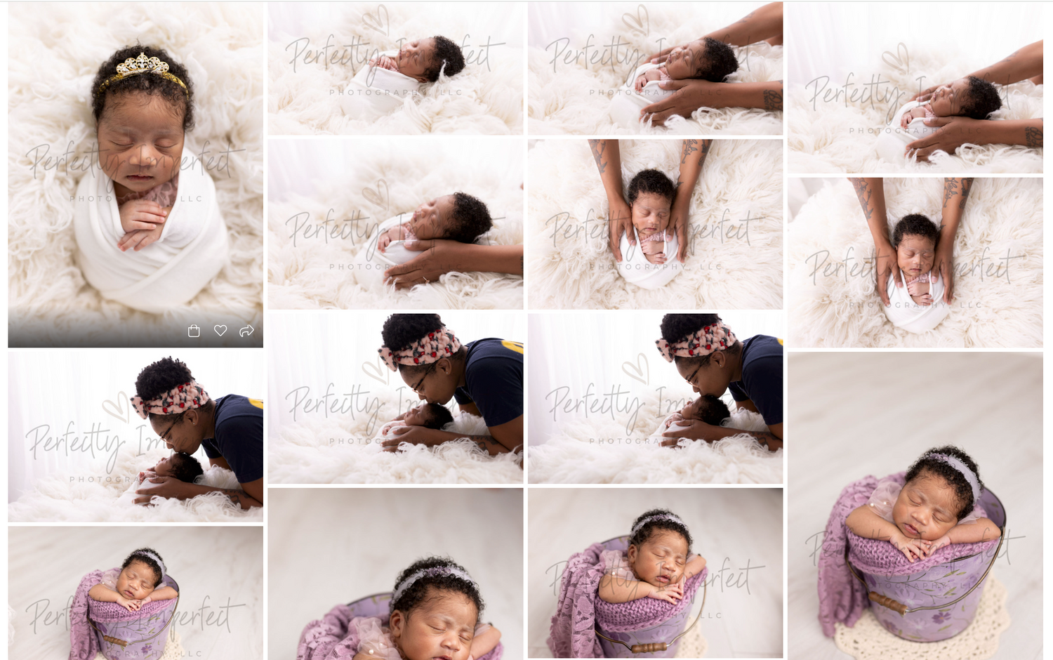 A collection of professional newborn photography poses on soft fabrics showing sleeping baby in various angles and positions.