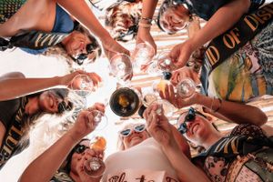 Friends toasting with champagne glasses in a festive outdoor setting.