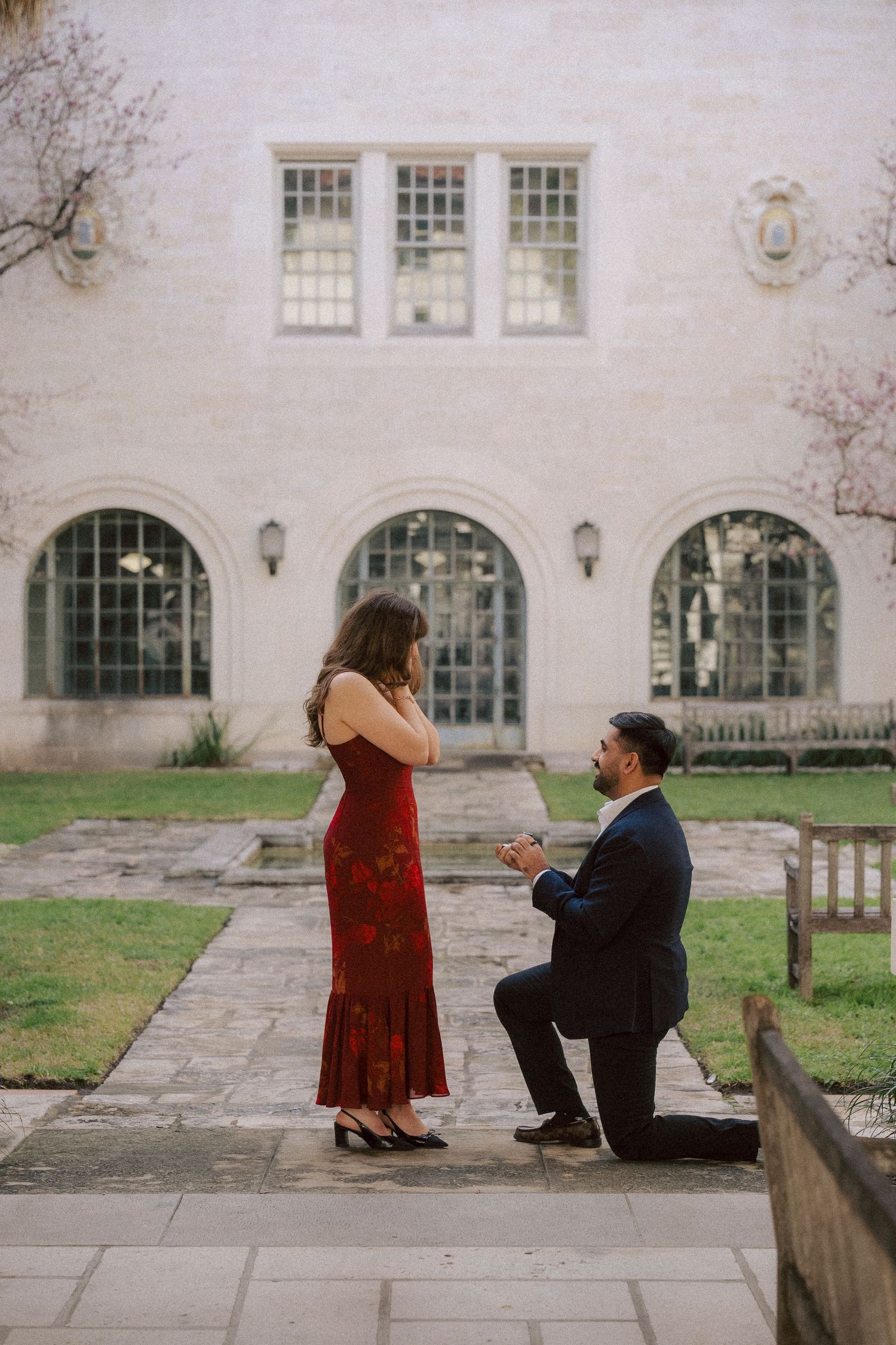 University of Texas at Austin engagement photography at School of Architecture courtyard.