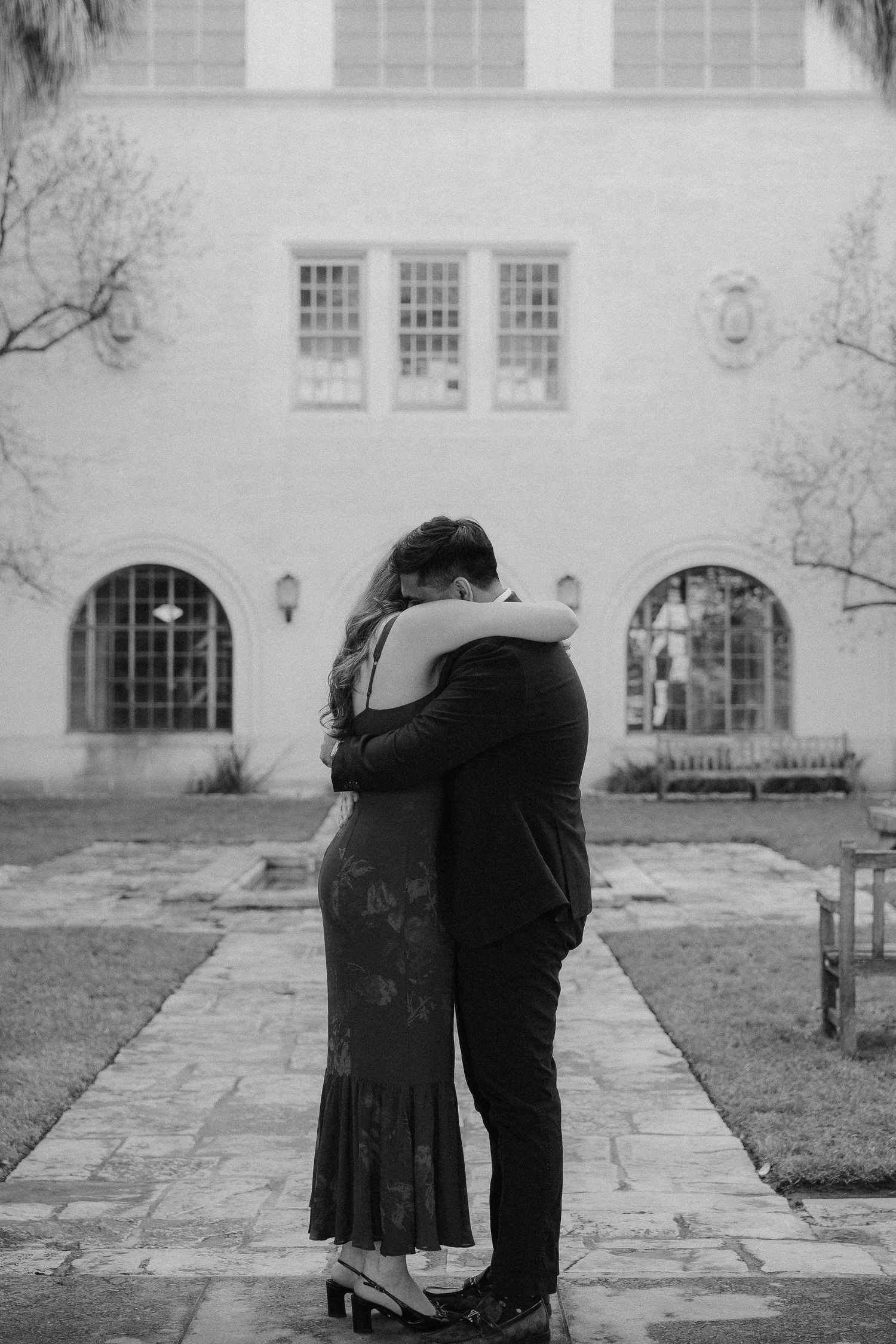 University of Texas at Austin engagement photography at School of Architecture courtyard.