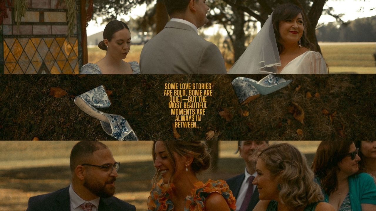 Warm-toned collage of wedding ceremony moments captured outdoors.