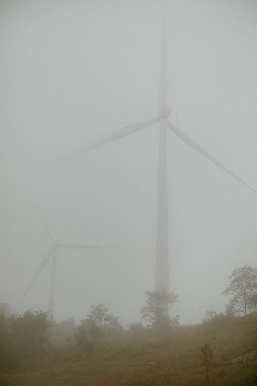 Two wind turbines shrouded in fog on a misty hillside.