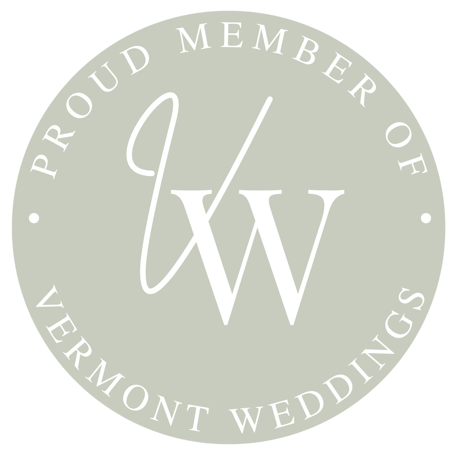 Proud Member of Vermont Weddings badge featuring an elegant VW monogram logo on a sage green circular seal.