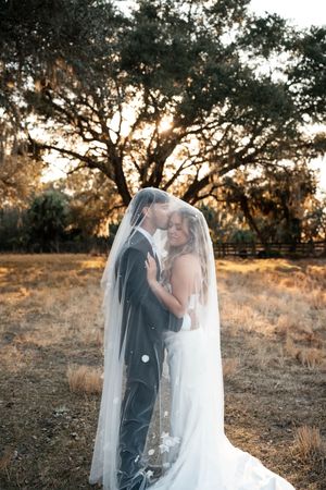 Bride and groom share a romantic moment under a flowing veil at golden hour near a majestic oak tree.