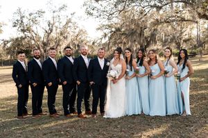 Wedding party poses outdoors with groomsmen in navy suits and bridesmaids in light blue gowns flanking the bride and groom.