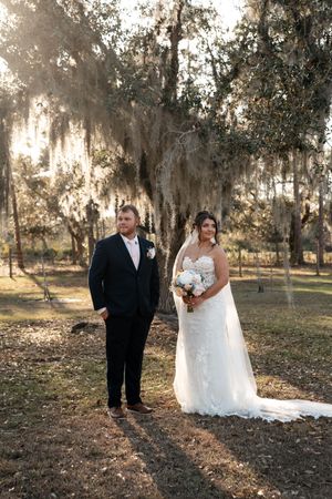 Bride and groom standing under Spanish moss-draped oak trees at golden hour outdoor wedding ceremony.