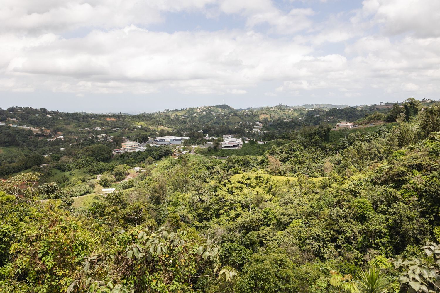 Aerial view of a lush green tropical valley with scattered buildings under a partly cloudy sky.