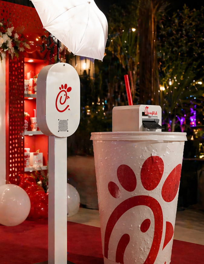 Chick-fil-A branded photo booth and oversized cup display at a festive red and white themed event.