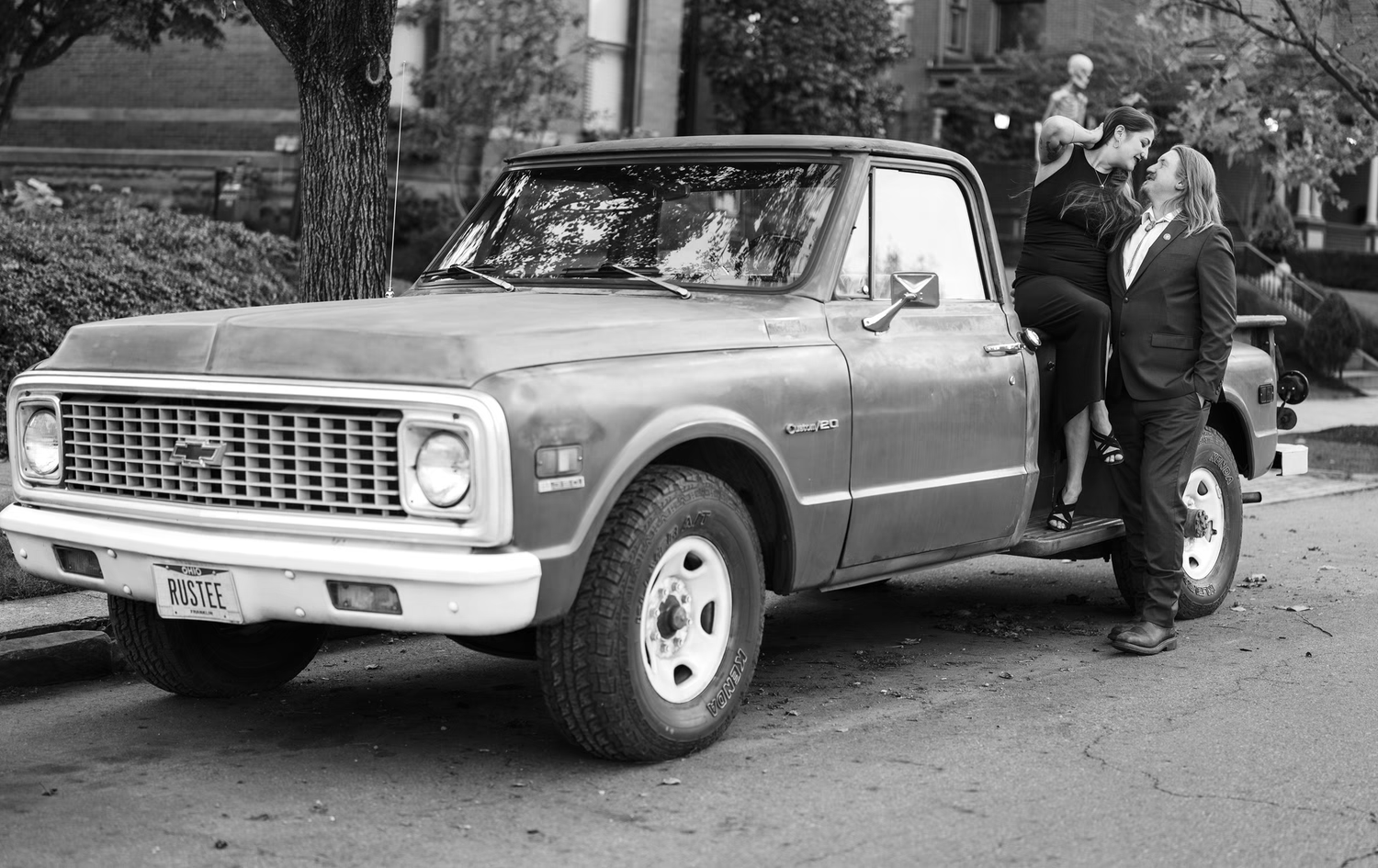 Black and white photo of a classic 1971 Chevrolet C10 pickup truck in German Village Engagement Photo