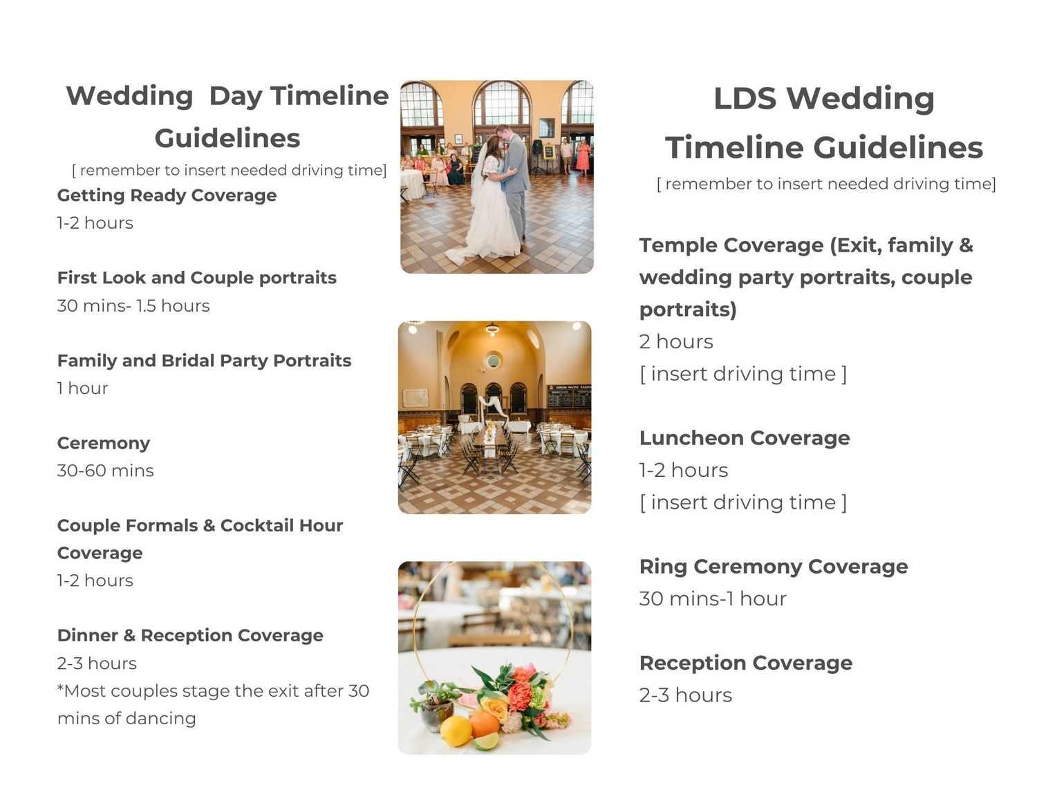 Elegant wedding day timeline guidelines brochure featuring couple portraits, ceremony, and reception coverage details for LDS weddings.