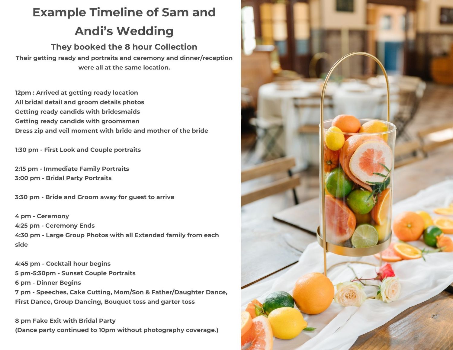 Example wedding timeline document for Sam and Andi showing an 8-hour photography collection schedule with elegant floral centerpiece.