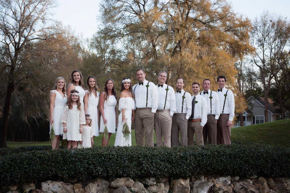 Large group wedding event bridal party portrait session in Gainesville Florida at the Golf Country Club. Golden Hour soft lighting