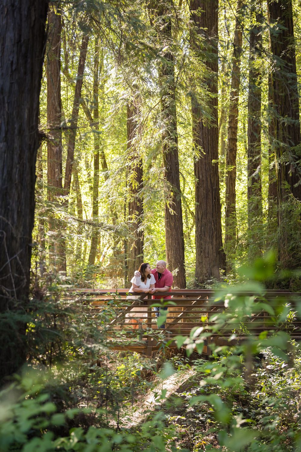 Couple sitting on a wooden bench surrounded by tall trees in a sunlit forest.
