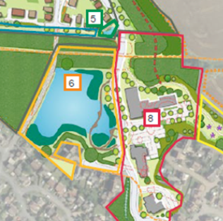Land development site analysis map showing elevation, vegetation, drainage, housing zones, and access roads with color-coded terrain.