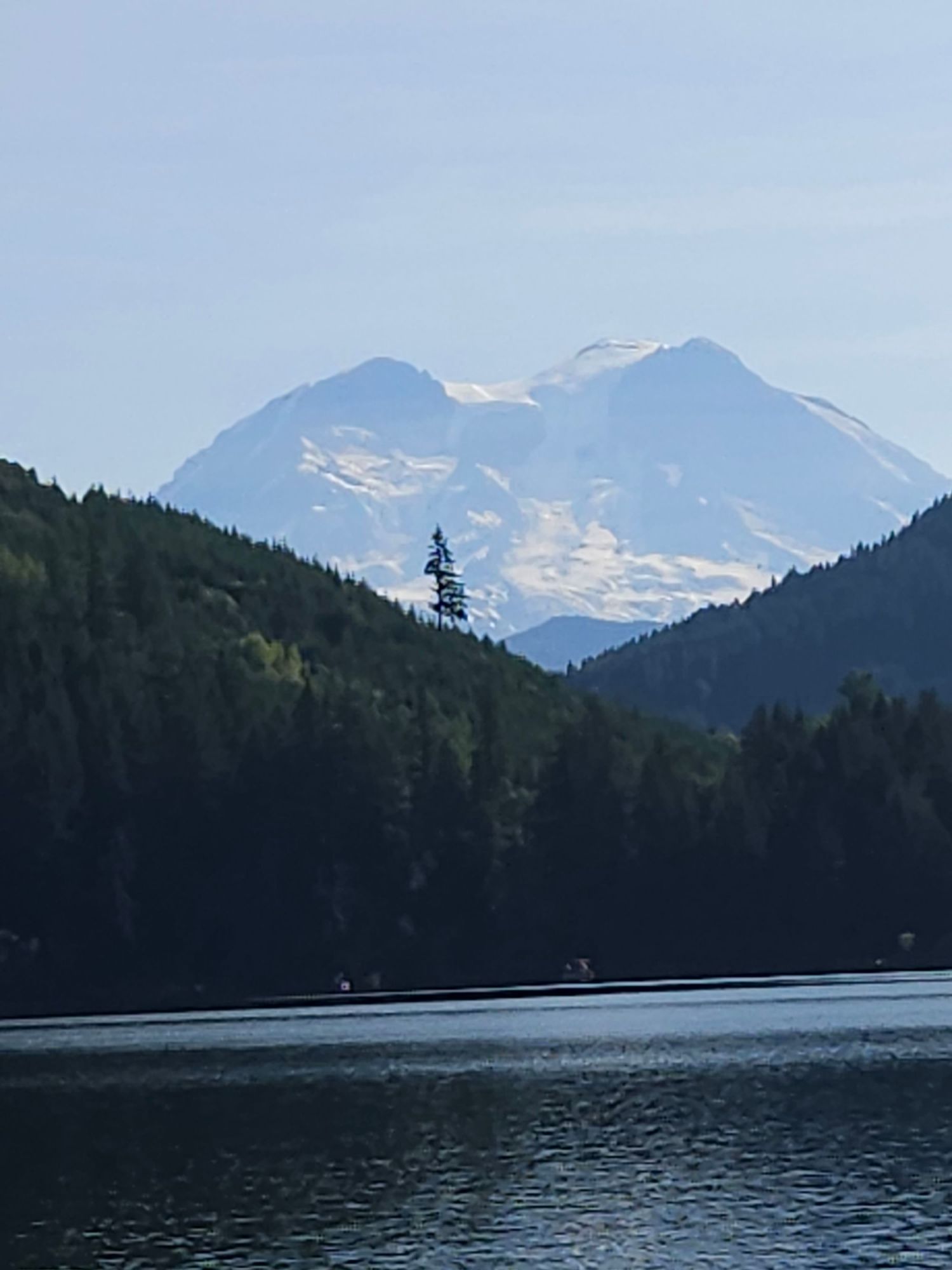 Mount Rainier rising above forested hills in Washington State under a soft blue sky.