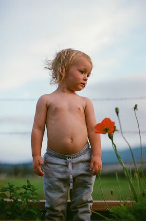 Shirtless toddler with blonde hair standing outdoors near a red poppy flower against a cloudy sky.