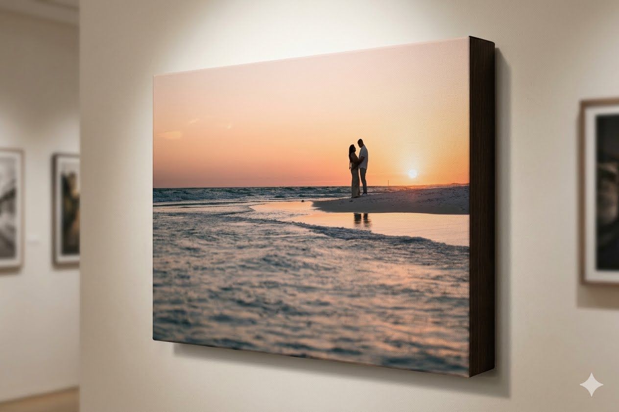 couple being photographed hugging during sunset at the water and beach line