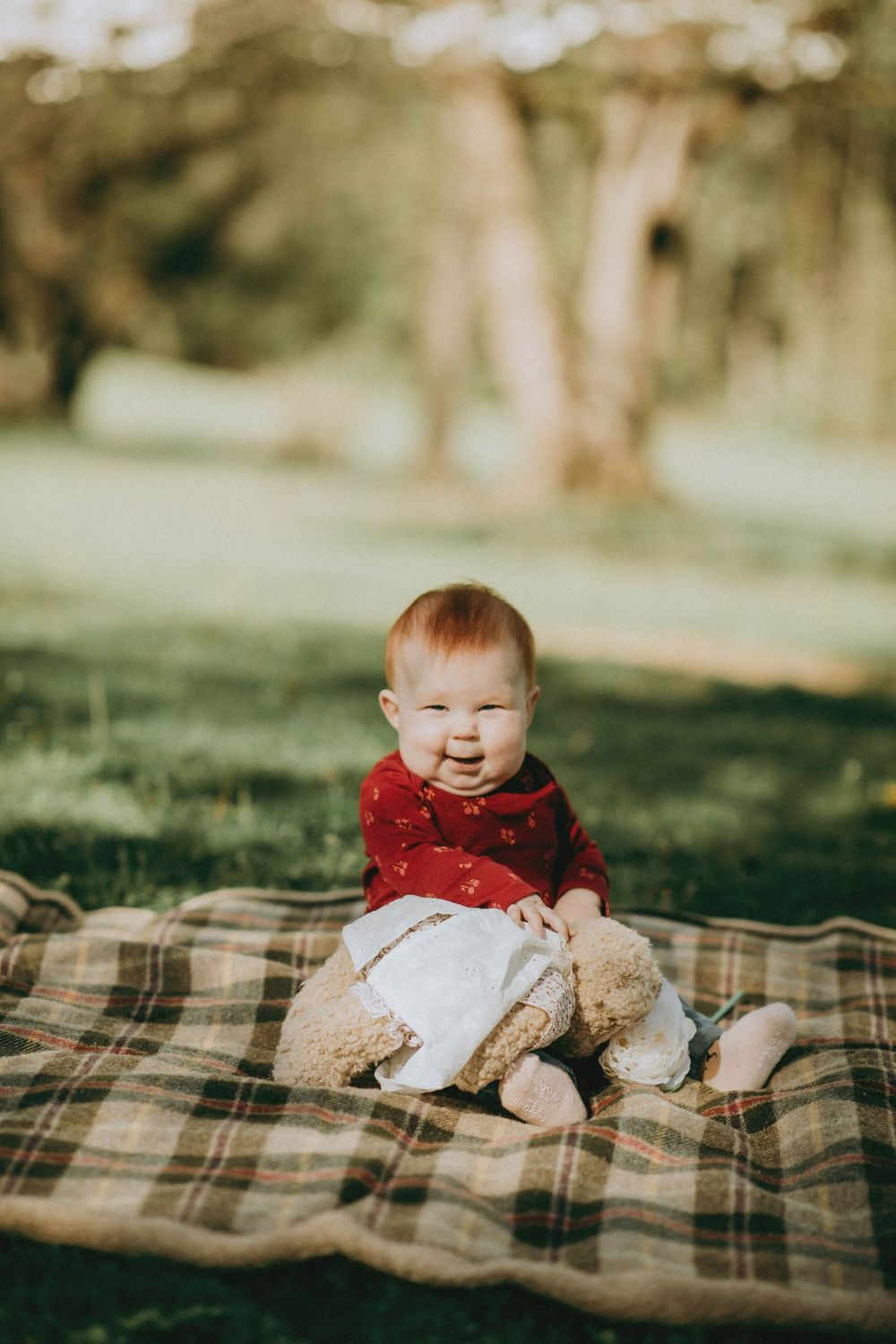 A smiling baby in a red outfit sits on a plaid blanket outdoors, hugging a teddy bear in a sunny green park. indiana pa photographer,