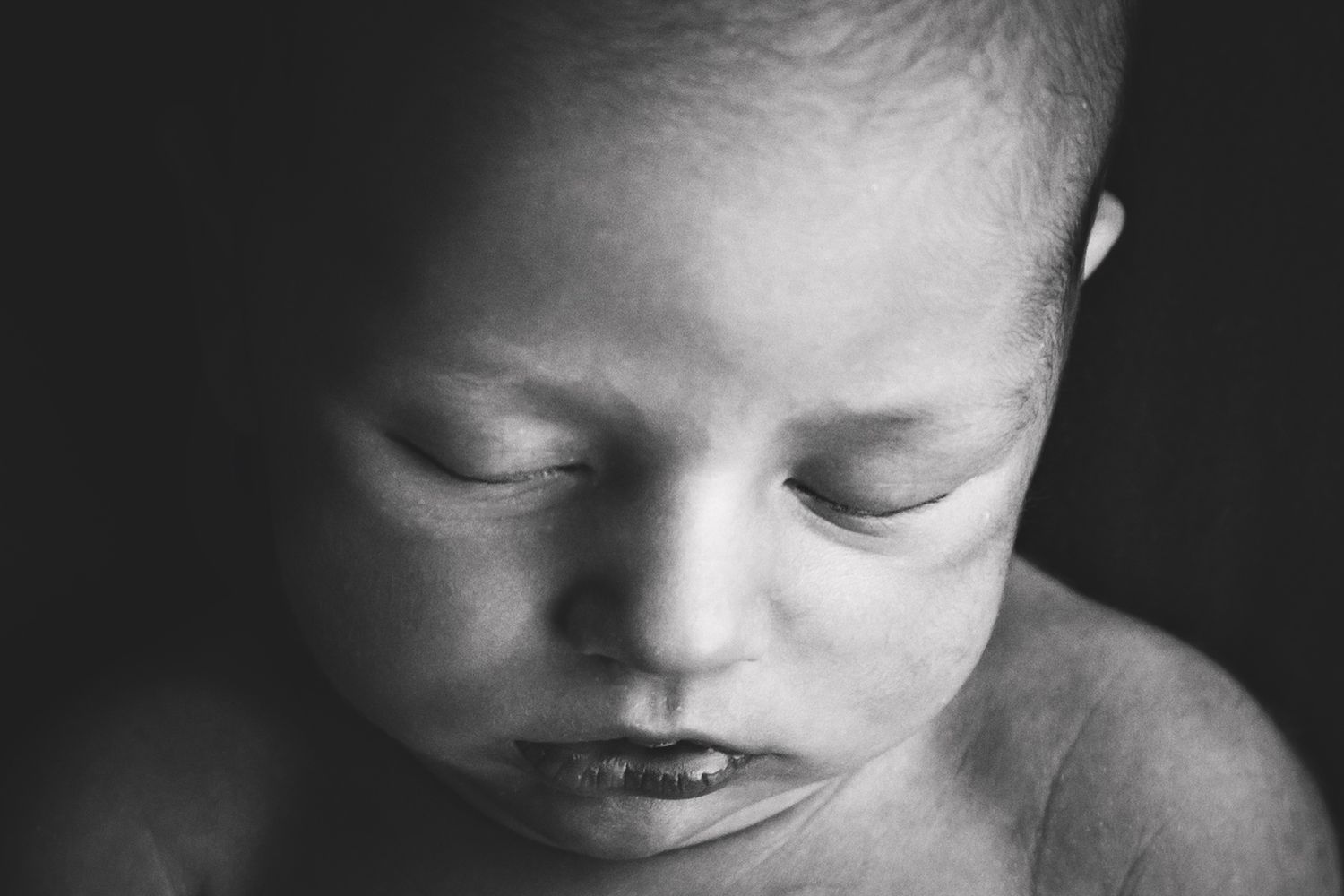 Close-up black and white portrait of a sleeping newborn baby with delicate features and soft skin.