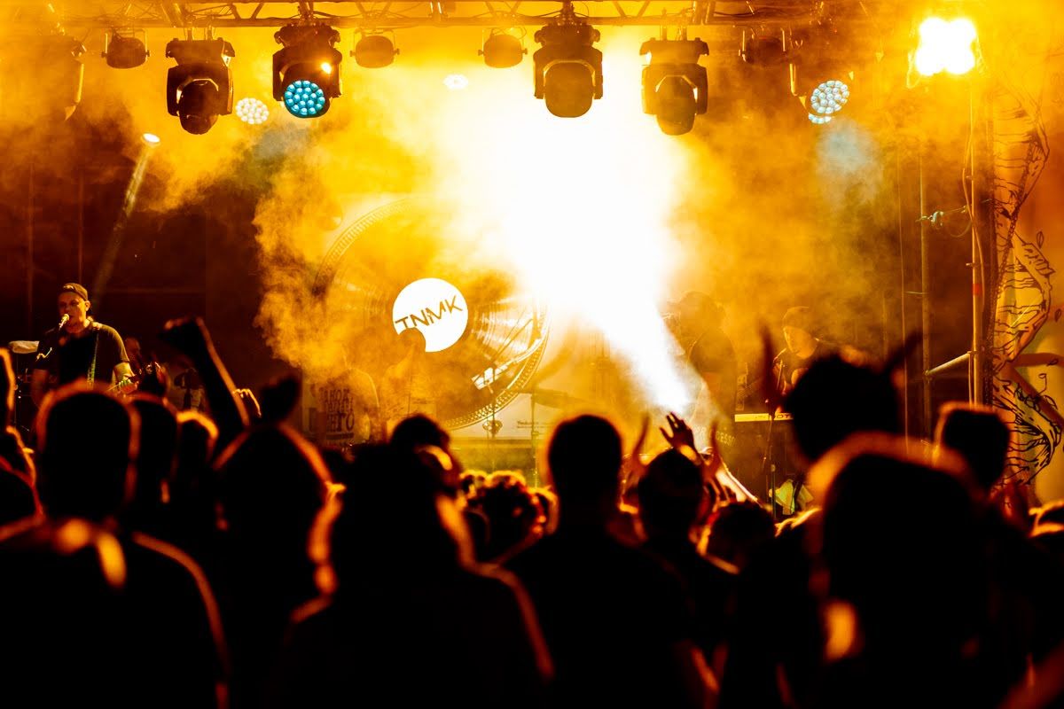 Concert crowd silhouettes against bright orange stage lights and smoke effects.