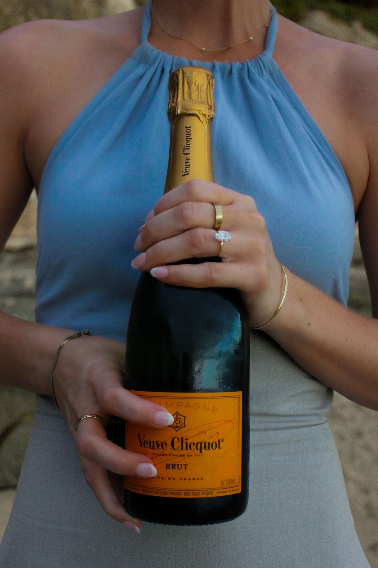 Veuve Clicquot Engagement Ring Photography Blue Dress Beach
