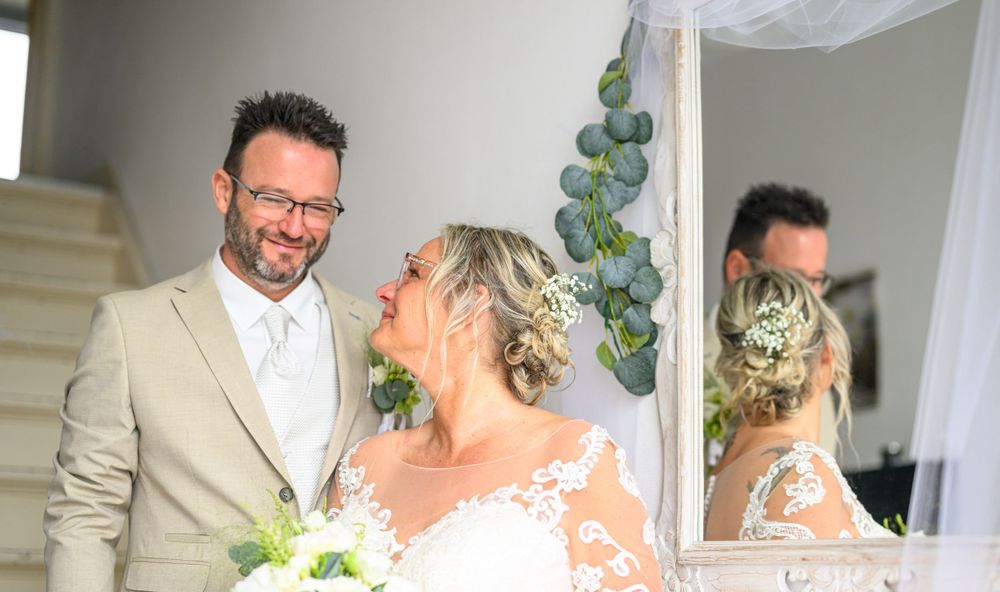 Series of candid wedding moments captured indoors with rustic decor and greenery.