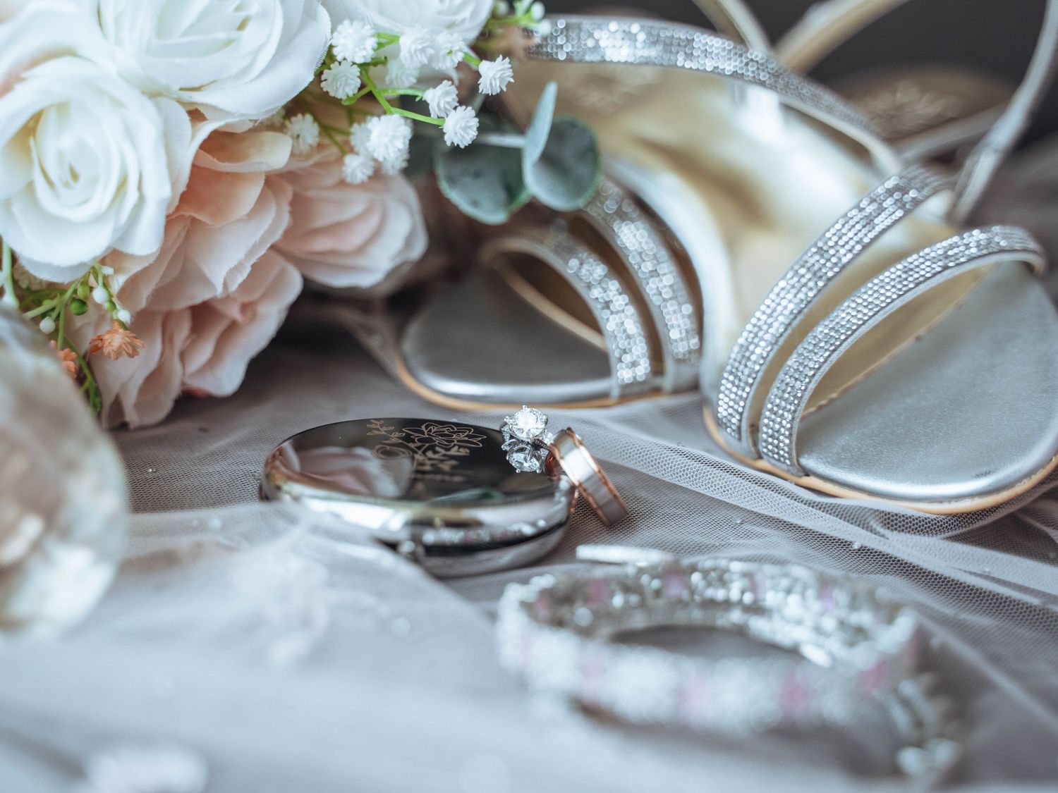 Bridal shoes, jewelry, and bouquet. Calgary wedding details.