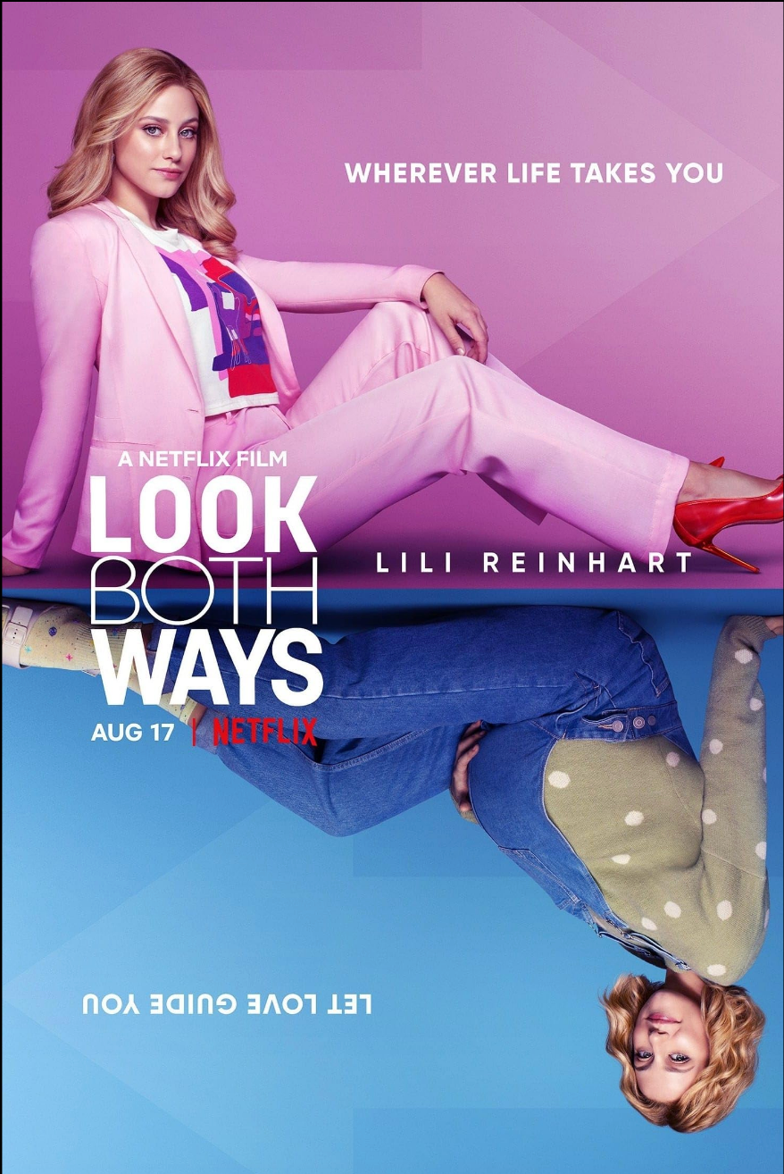 Netflix movie poster for 'Look Both Ways' featuring pink and blue color scheme with upside-down reflection.
