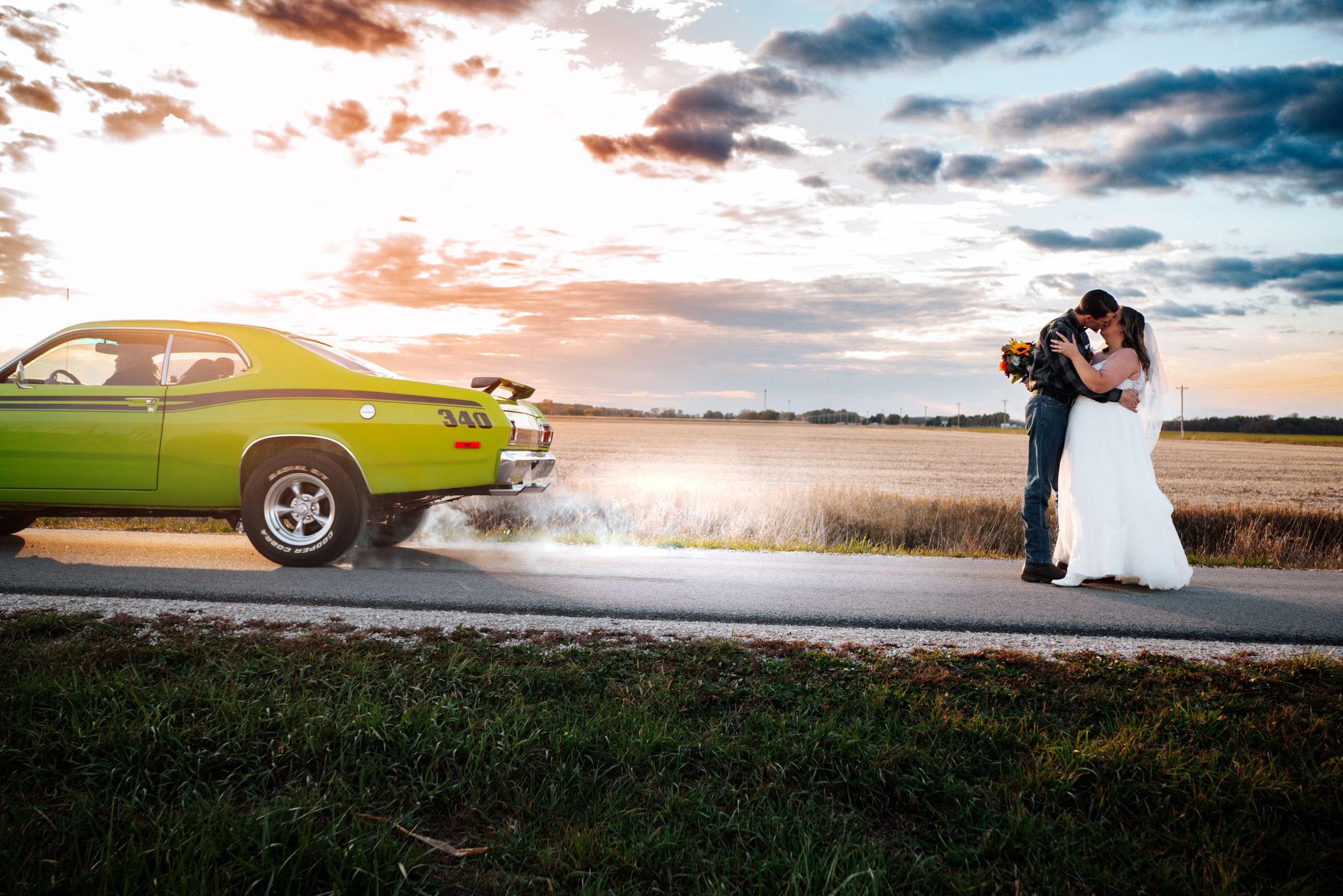 Collage of sunset wedding photos featuring a lime green classic car against dramatic skies and natural landscapes.