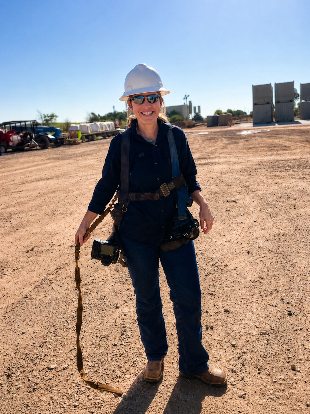 Commercial photographer Michelle LaVasque working on-site at an industrial oil and gas location in Oklahoma.